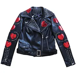 beading Fashion brand stitching rivet pu leather jacket female street style Love sequins beading leather jacket F1048 dropship