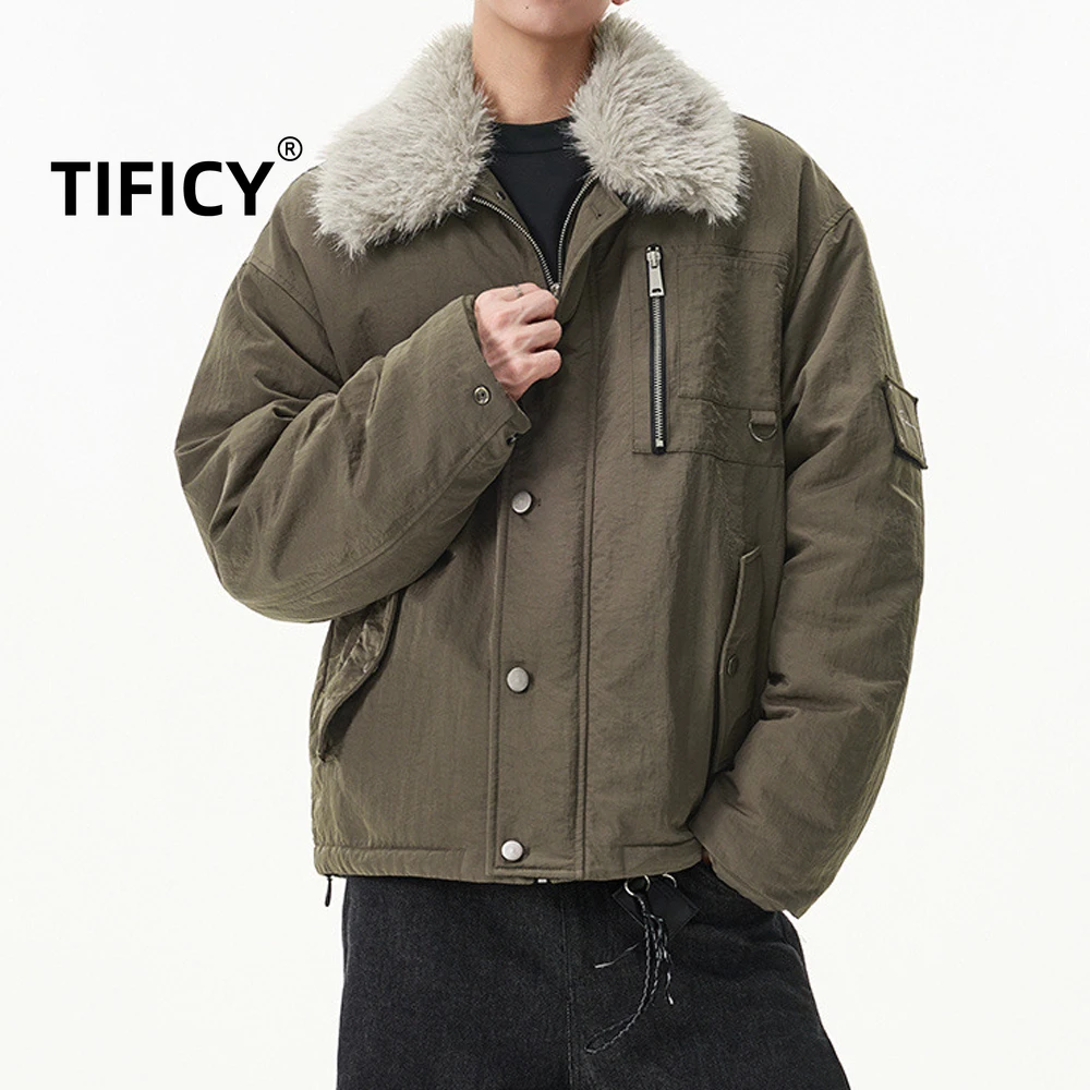 

High Street New Winter Warm Fur Collar Padded Cotton Coat Jackets Men's Workwear Retro Campus Style Warm Coat