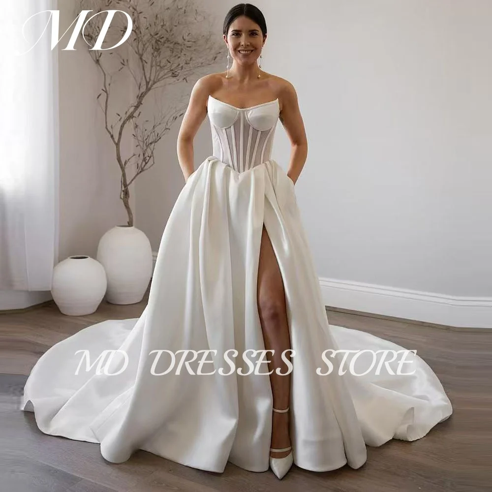 

MD Elegant White A-line Wedding Dress Side High Slit Bride Gown Sweep Train Sleeveless Satin Corset vestido para Customized 2025