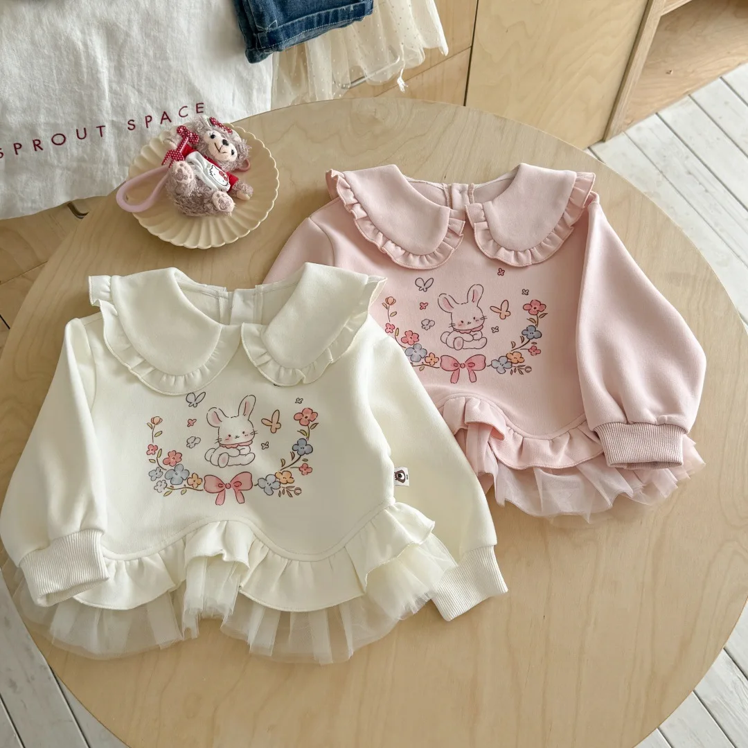 

Baby Girls Autumn Cute T-shirt Rabbit Print Turn Down Collar Long Sleeve Loose Mesh Hem Pullover Soft Hoodies 2-8Y Kids Shirts