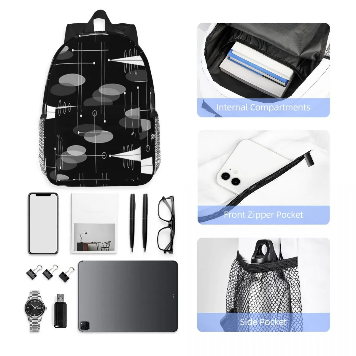 Mid-Century Atomic Space Age Backpack Hot Sale Daypack Large Capacity Boys Girls BookBag Shoulder Bags for Men Women School Bag
