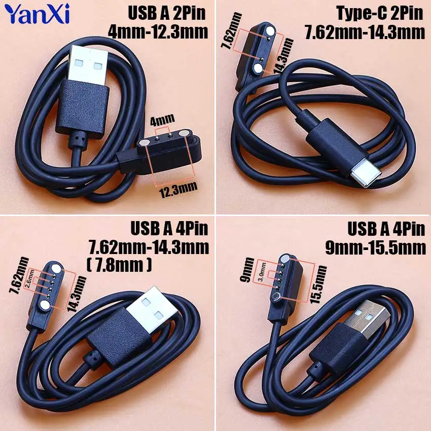 USB A Type-C Smartwatch Dock Charger Adapter Wire 2P 4P Pogo Pin Contact Magnetic Power Charging Cable Cord For Smart Watch