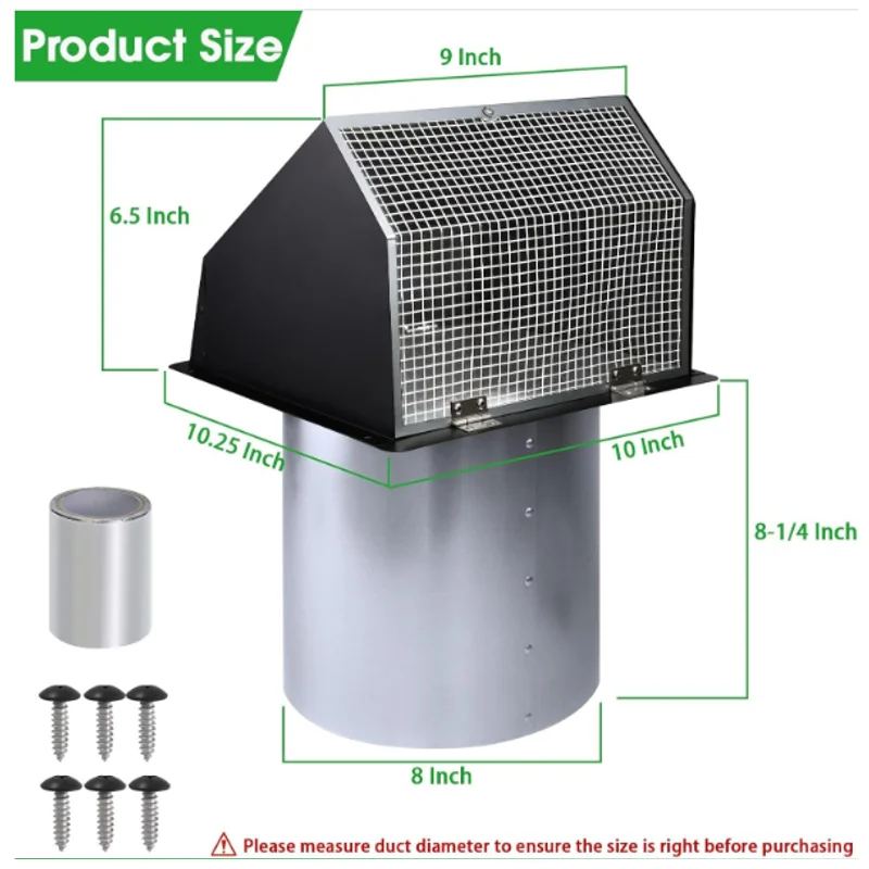 4/6/8 Inch Wall Vent with Mesh Damper, Exhaust Hood Cover for Kitchen/Dryer/Laundry/Bathroom, Galvanized Steel Black