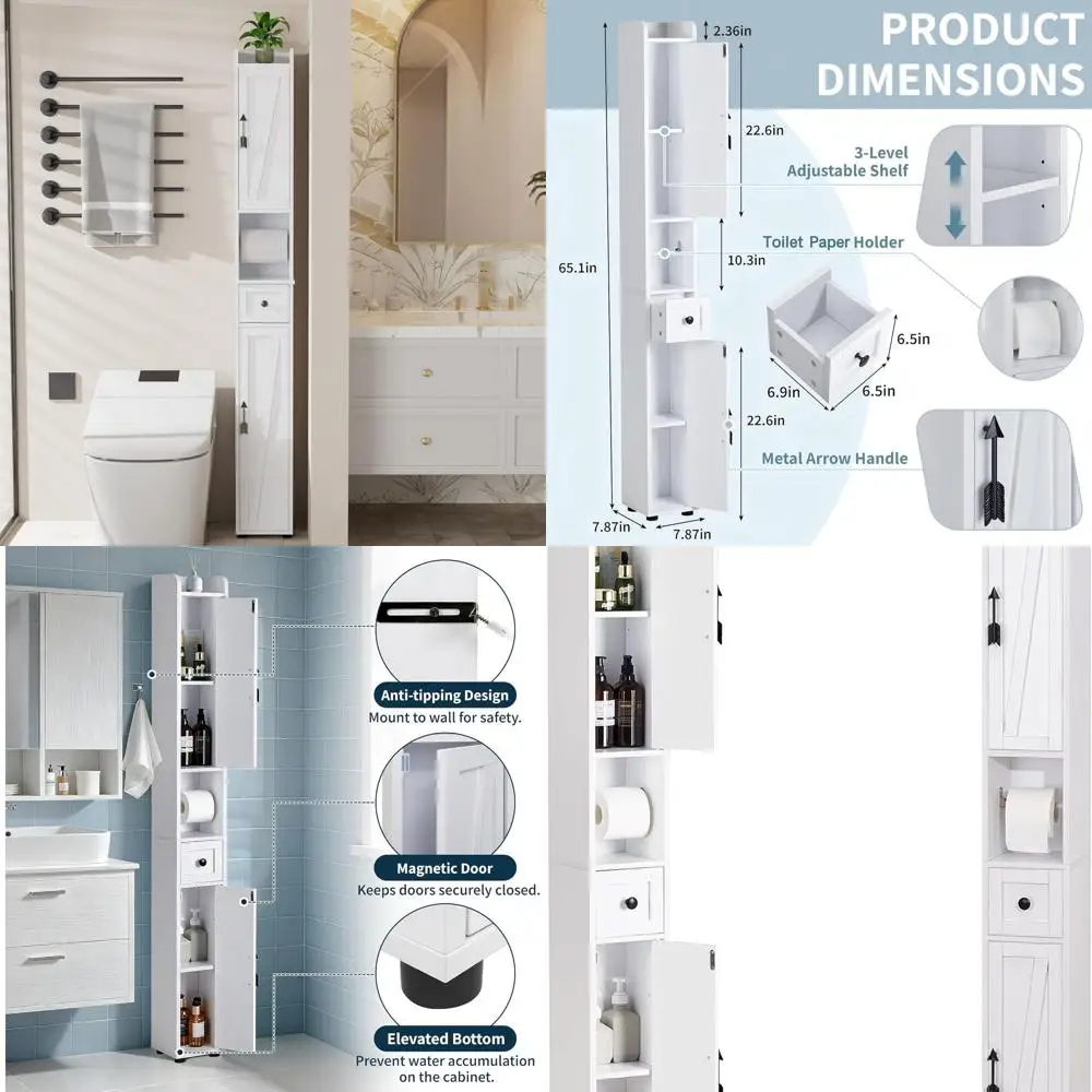 

Narrow Bathroom Storage Cabinet, Tall Cabinet with Adjustable Shelves & Toilet Paper Holder & Drawer, Slim Freestanding Floor Ca