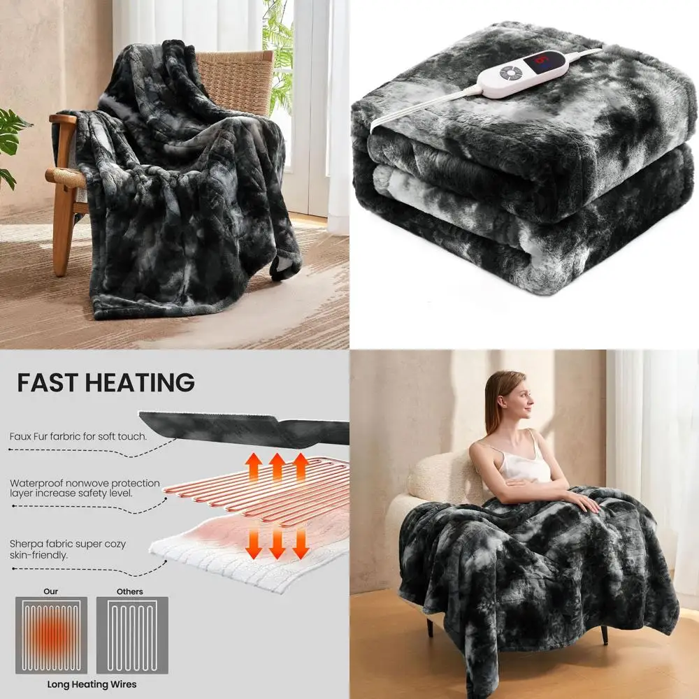 

Роскошное черное электрическое одеяло из искусственного меха двойного размера с 6 настройками нагрева и 12-часовым автоматическим отключением