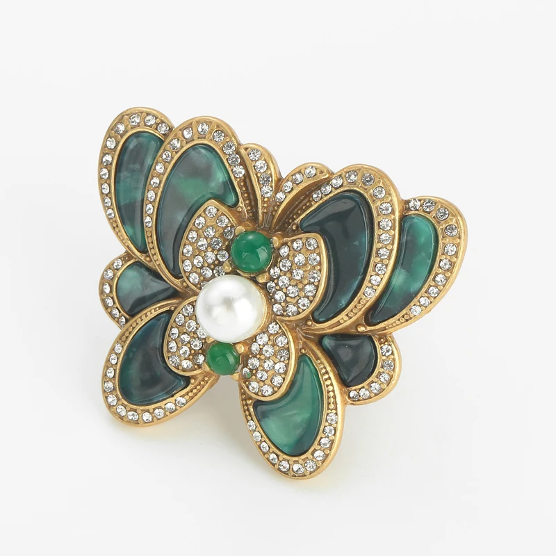 Vintage Real Gold Plated Green Butterfly Rings For Woman Natural Glass Rhinestone Layered Pearl Wedding Large Luxury Designer