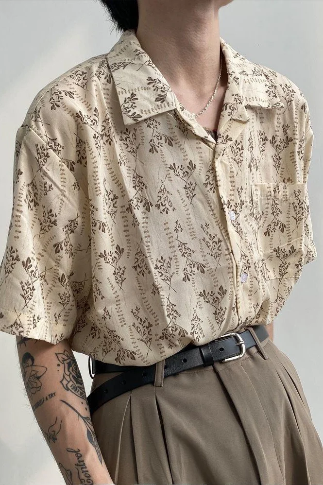 

Summer Thin Cuban Collar Loose Beach Shirt Men's Short Sleeve Floral Print Vintage Retro Couple's Shirt Youth Fashion Trend