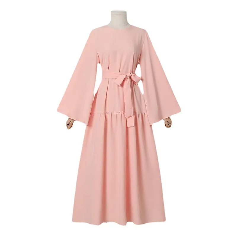 

New Ramadan Muslim Arab Women's Dress Commuter Holiday Leisure Horn Sleeve Belt Big Swing Long Dubai Islamic Turkiye Dress