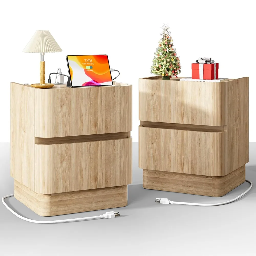 

Night Stand Set 2, Modern Nightstands Set of 2, Handleless 2 Drawer Nightstand with Charging Station, Customized
