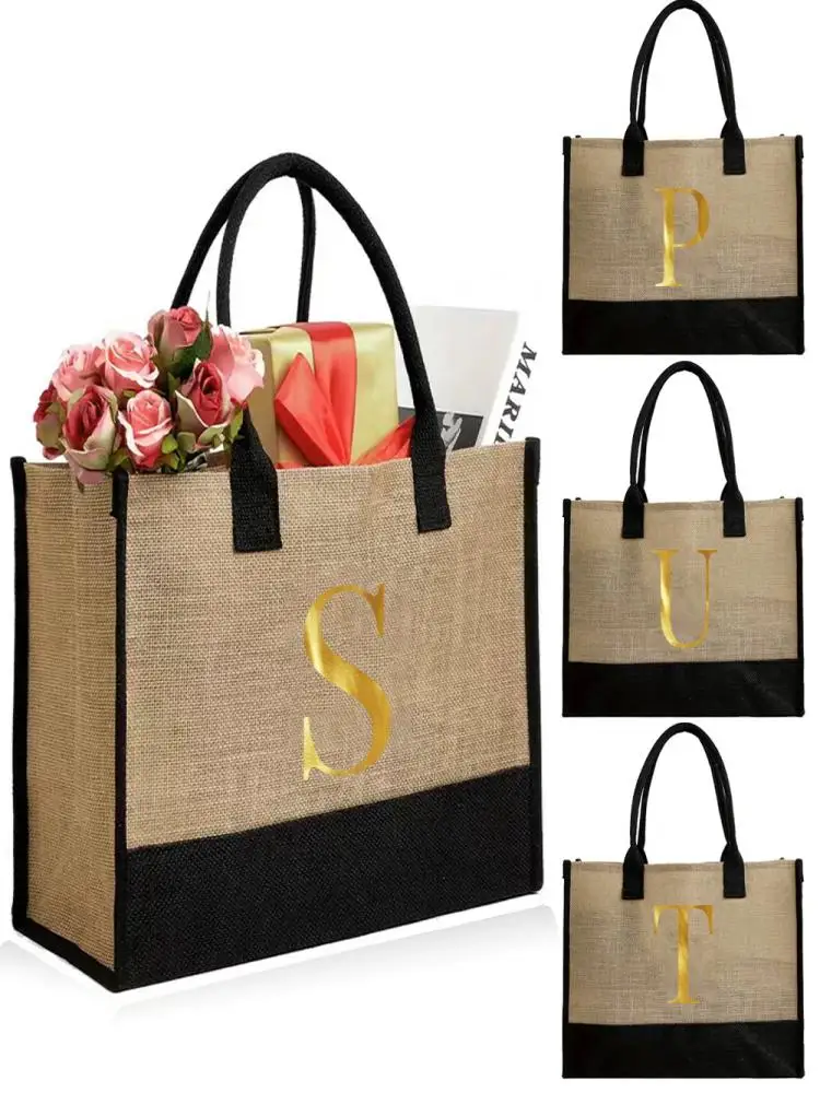 Large Capacity Shopping Bag Waterproof Linen Tote Bag Jute Bag for Women Shopper Handbag Printing Letter Series