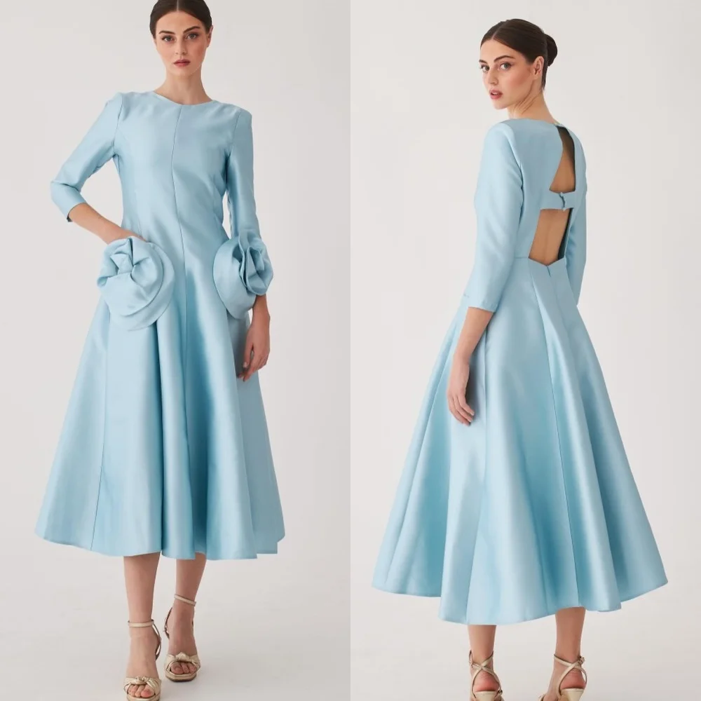 Customized Evening Satin Flower Draped Pleat Graduation A-line O-Neck Bespoke Occasion Gown Midi Dresses Saudi Arabia