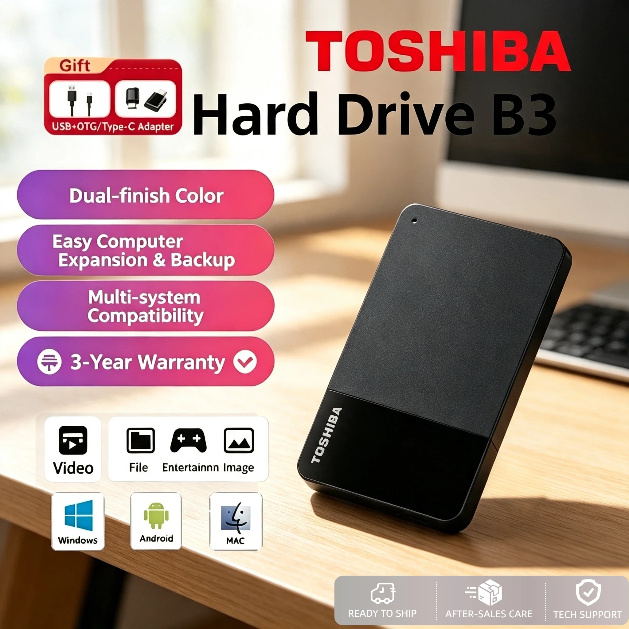 Toshiba B3 Canvio Ready 4TB 2TB 1TB USB3.0 Portable External Hard Drive 2.5 Inch HDD for Laptop Mac Android Pro Max