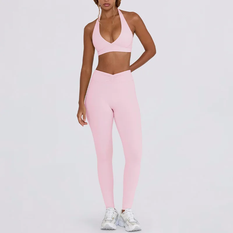 Women's 2-Piece Padded Halter Neck Sports Bra High Waist Lift Tummy Control Biker Shorts Yoga Set for Running Gym