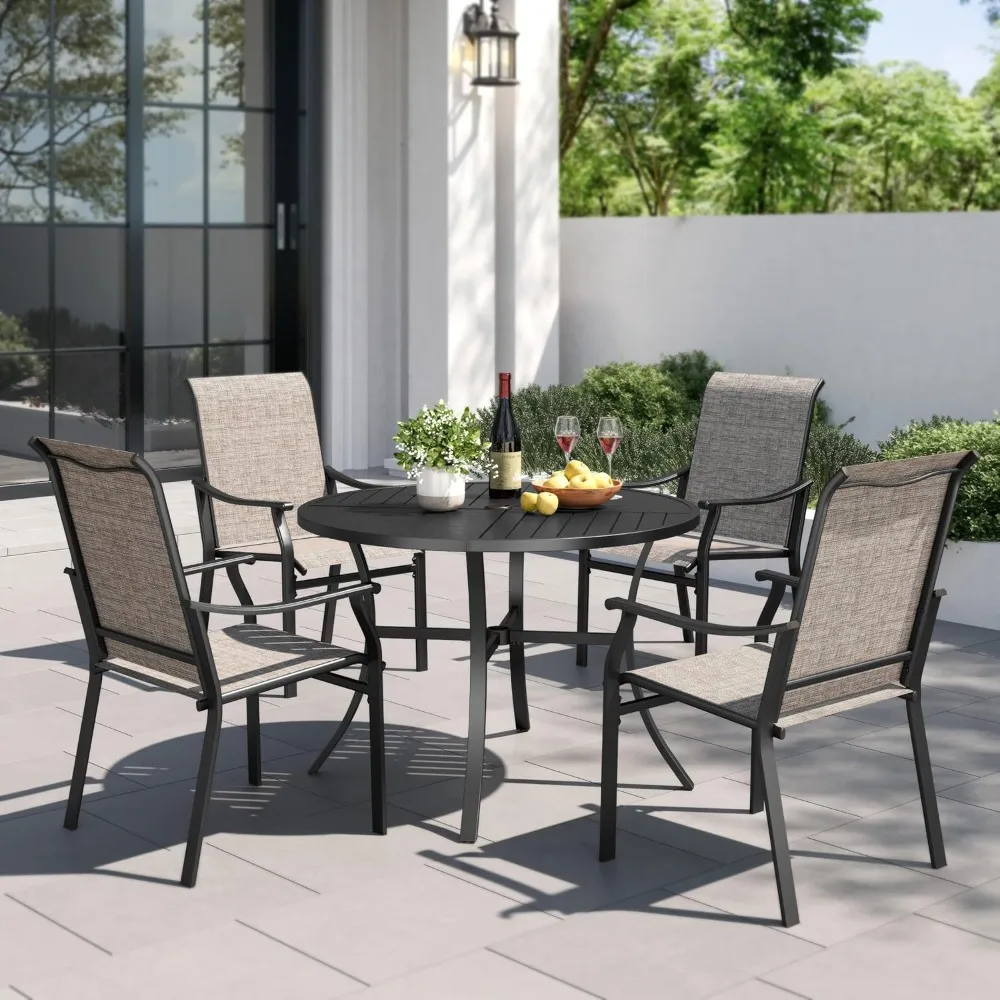 

5 pcs Patio Round Dining Table and Chairs, Textilene Dining Chairs Sturdy and Durable and Round Metal Table, Customized