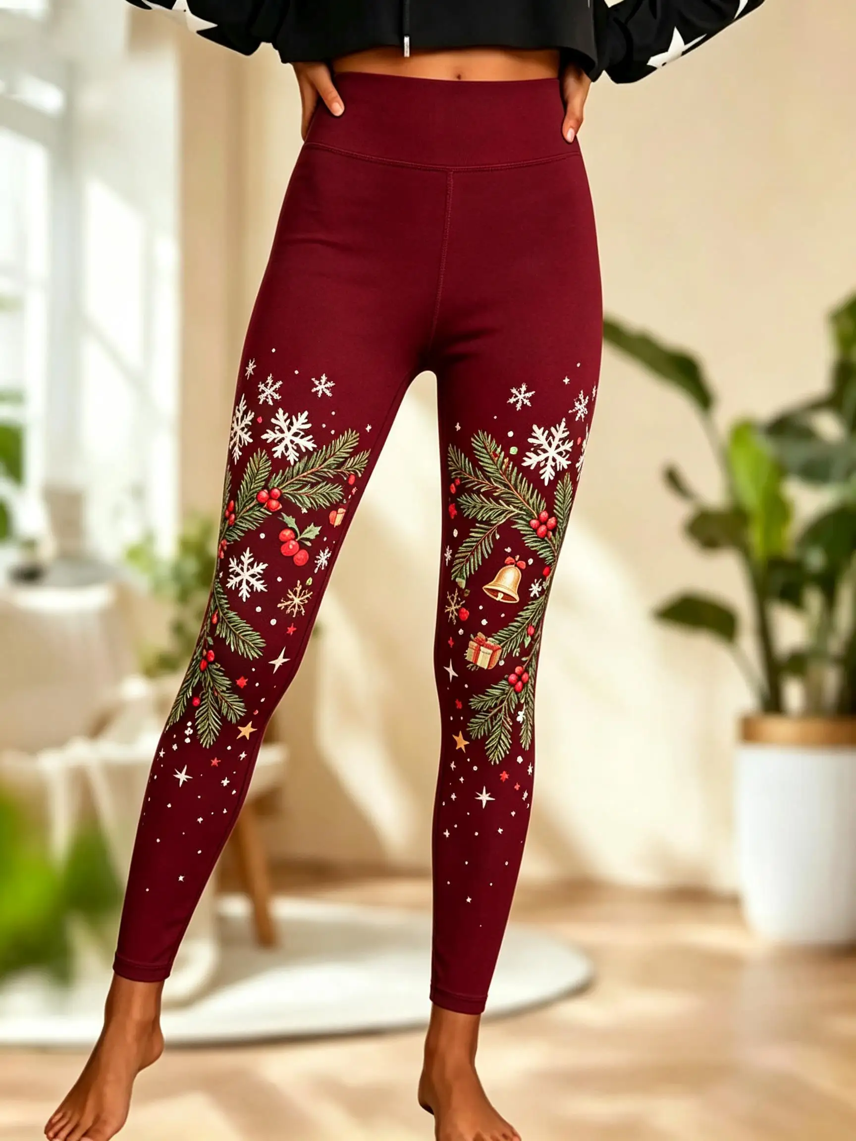 Women Fleece-Lined Mid-Rise Leggings Christmas Snowflake Holly Bell Print Slim Warm Pants