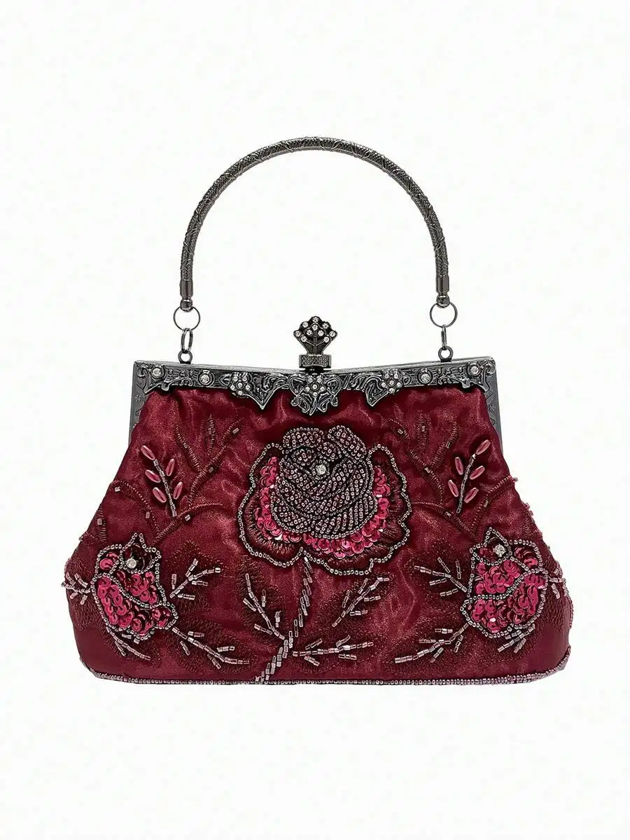 

Burgundy Rose Beaded Sequin Embroidery Vintage Frame Clutch Bag For Women Evening Party Wedding