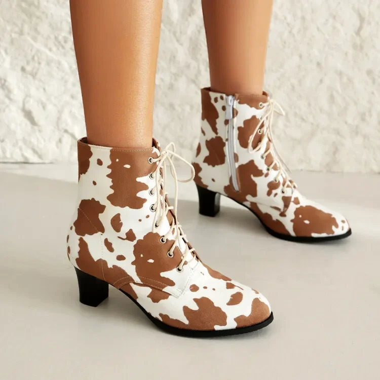 2024 Autumn New Leopard Print Round Head Lace-up Mid-heel Women's Boots Fashion Simple Short Female Boots Large Size 35-48