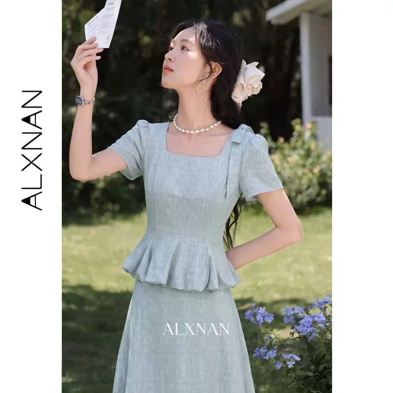 ALXNAN Blue French Style Skirt High Elastic Waist A-line Lace Hem Women's Skirts Holiday Beach Ladies Clothing Summer DYL662933