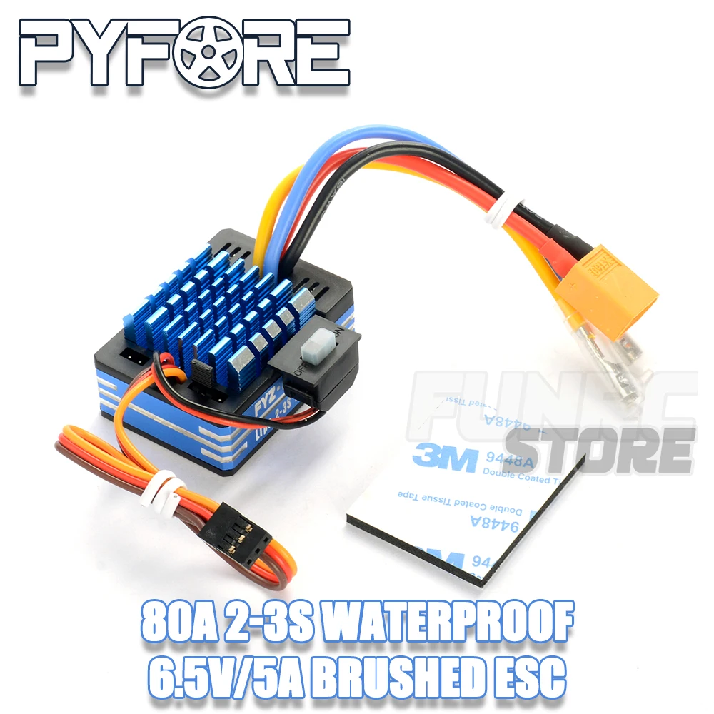 PYFORE 80A Brushed ESC 2-3S Waterproof for RC Vehicles Boats Tanks - 6.5V/5A Modification Upgrade Accessory