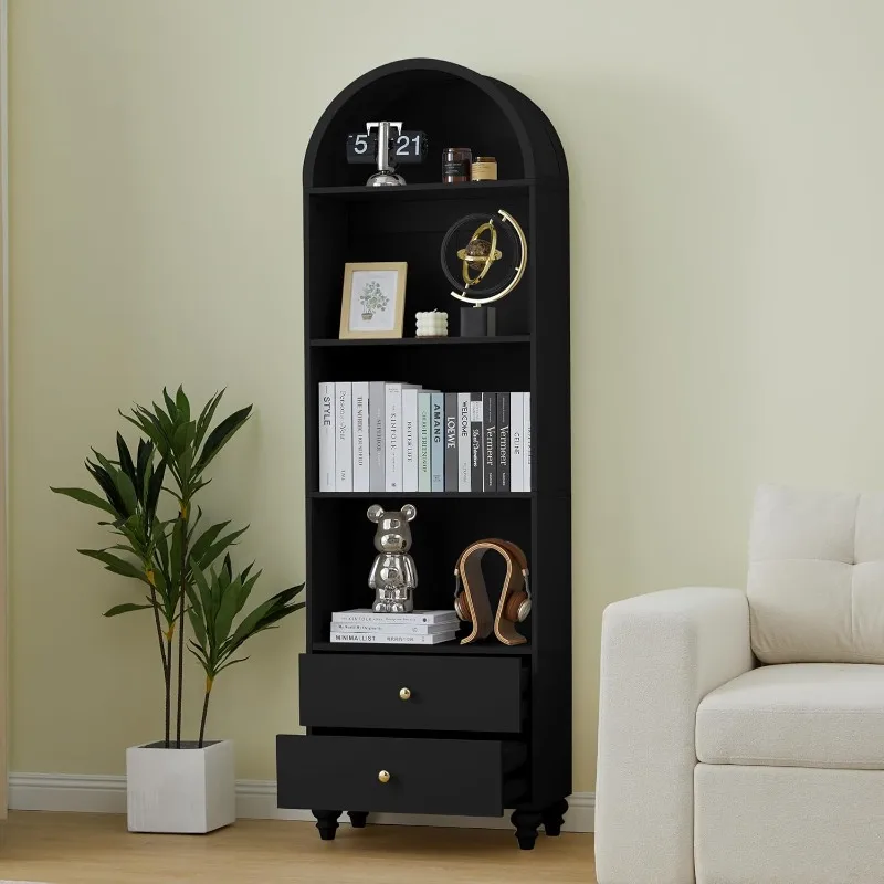 75.59" Tall Bookcase, 4 Tier Arched Bookshelf with 2 Drawers, Modern Book Display Storage Cabinet for Living Room,(Black)