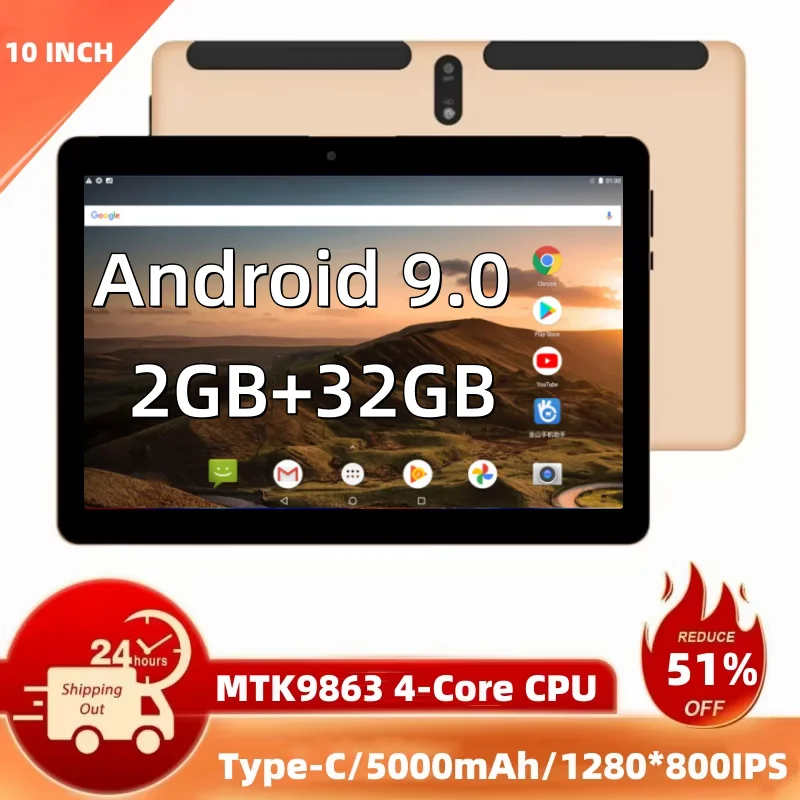 New Type-C 10.1 Inch Android 9.0 Tablet PC 2GB RAM 32GB ROM MTK9863 Quad-Core 1280*800 IPS Dual Camera