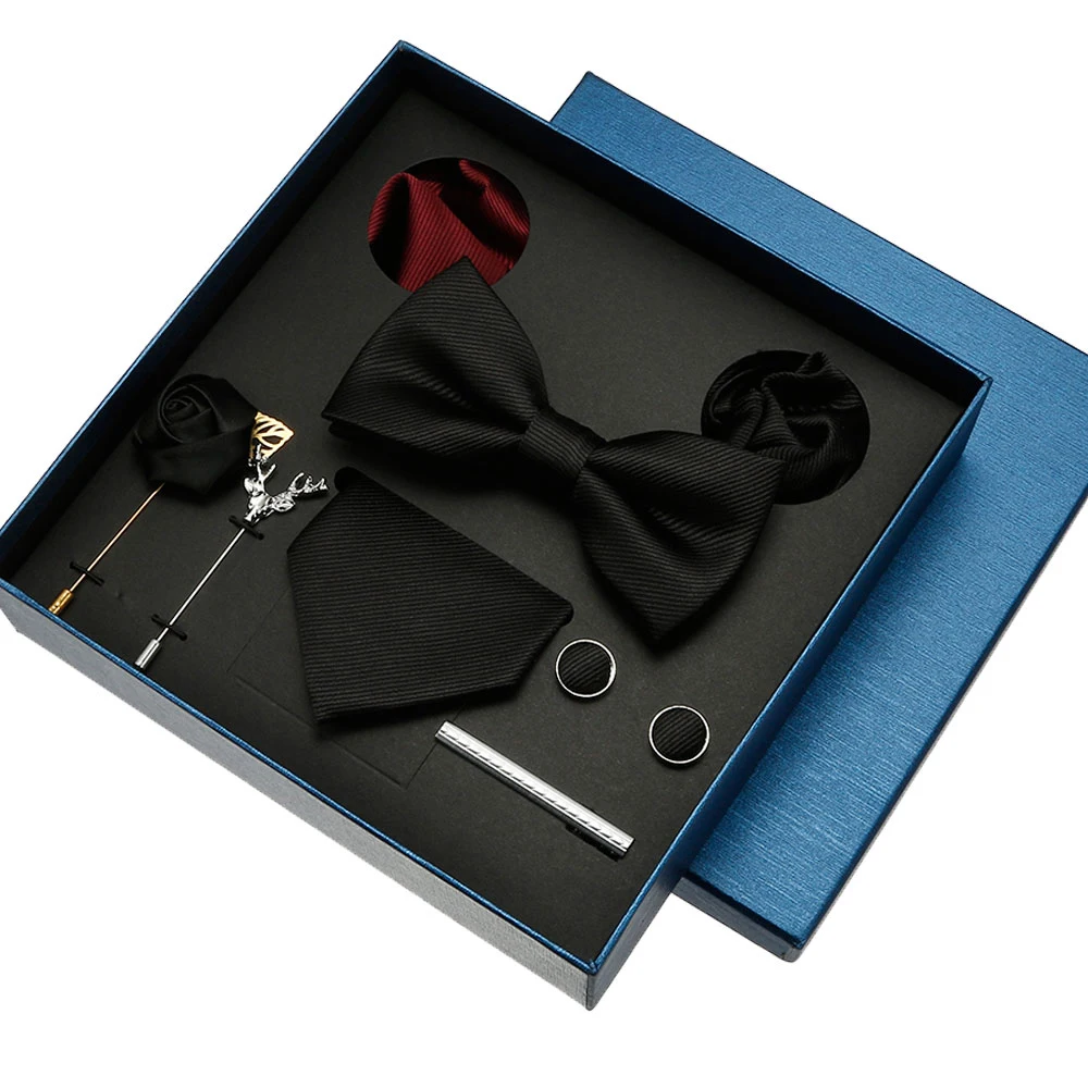 

Mens Tie and Pocket Square Sets Black Ties For Men Silk Neckties Box Bowtie With Cufflinks Tie Clip Set Wedding Men Accessories