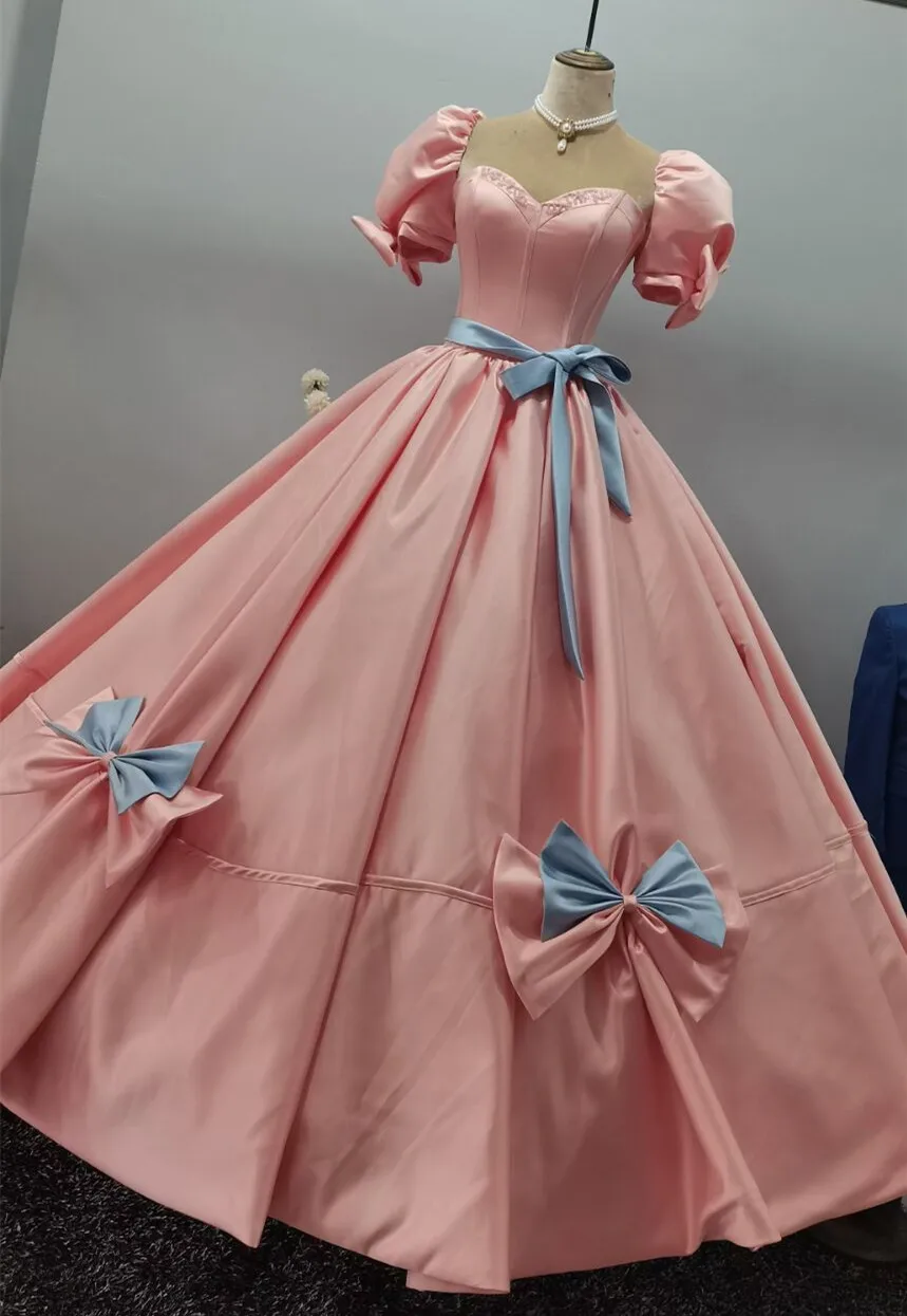 CloverBridal-vestidos de satén para niñas, ropa de novia con escote cuadrado, mangas cortas abullonadas, lazos, color rosa, de 15 años, 2022, WQ9771