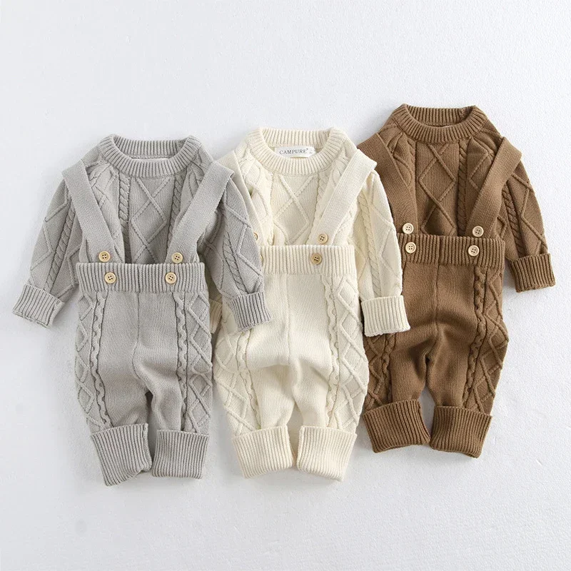 2025 New Autumn 0-3Yrs Children Knitted Clothes Suit Long Sleeved Knitted Pullover+Jumpsuit Newborn Baby Boys Girls Clothing Set