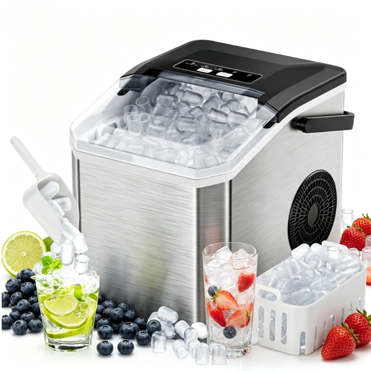 Bogseth Tragbare Eiswürfelmaschine für die Arbeitsplatte, 12kg/24H Automatische Mini-Eismaschine, 6 Minuten schnelle Eisbereitung mit Eisschaufel, selbstreinigende Eismaschine für Zuhause, Küche, Bar,