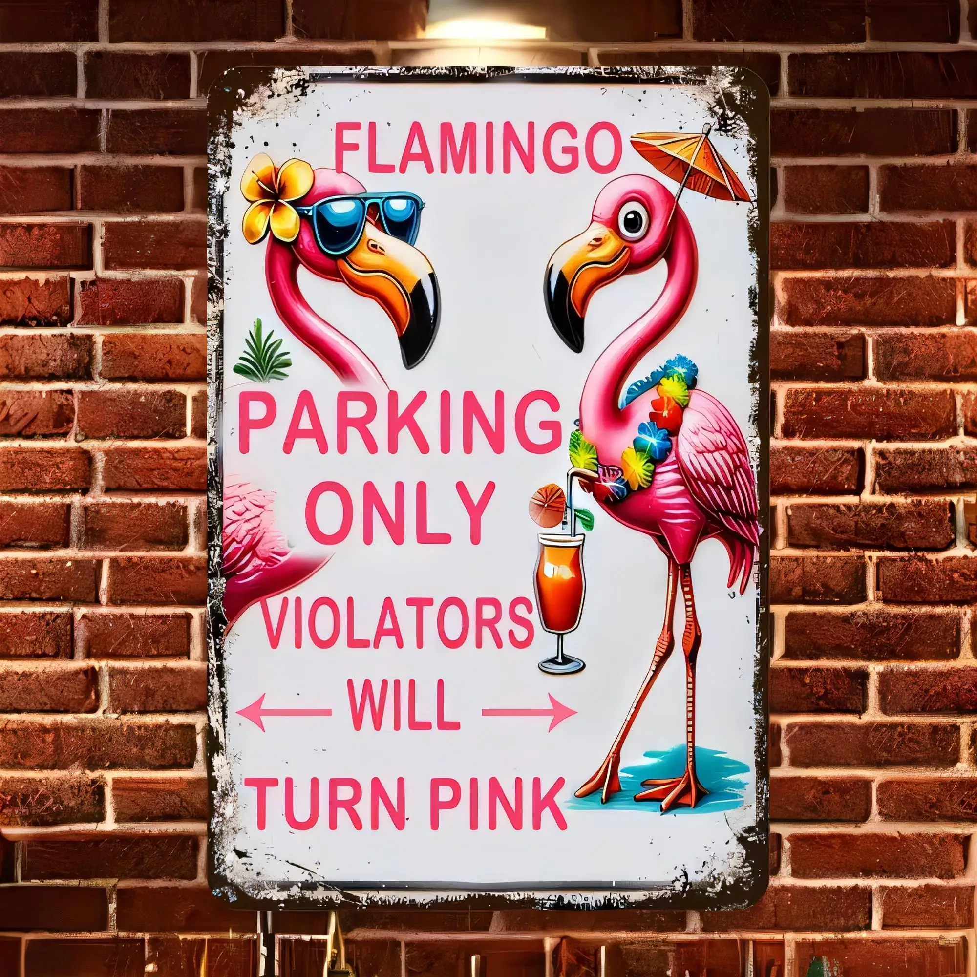 Tin Sign Flamingo Parking Only Violators Will Turn Pink Funny Beach Garden Metal Wall Art Home Decor Retro Plaque for Bar Pub Ga