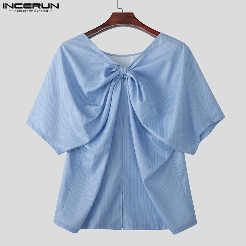 INCERUN الرجال تي شيرت مخطط س الرقبة قصيرة الأكمام Bowknot ملابس الرجال غير رسمية الشارع الشهير فضفاضة أنيقة للجنسين المحملة القمم الموضة