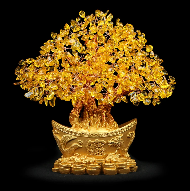 Bring wealth Dragon Phoenix Good Luck Home Shop Company Money Drawing gold crystal Pachira Tree FENG SHUI talisman