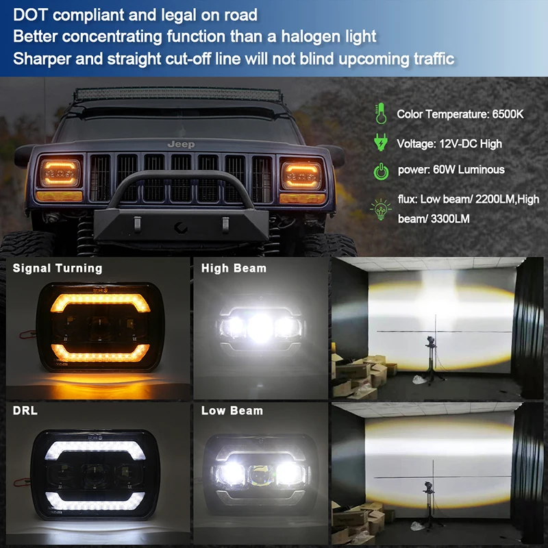 Waterproof Hi/Low Sealed Beam H-4 Rectangle H6054 H5054 5X7 Led Headlight for Jeep Wrangler YJ XJ Cherokee