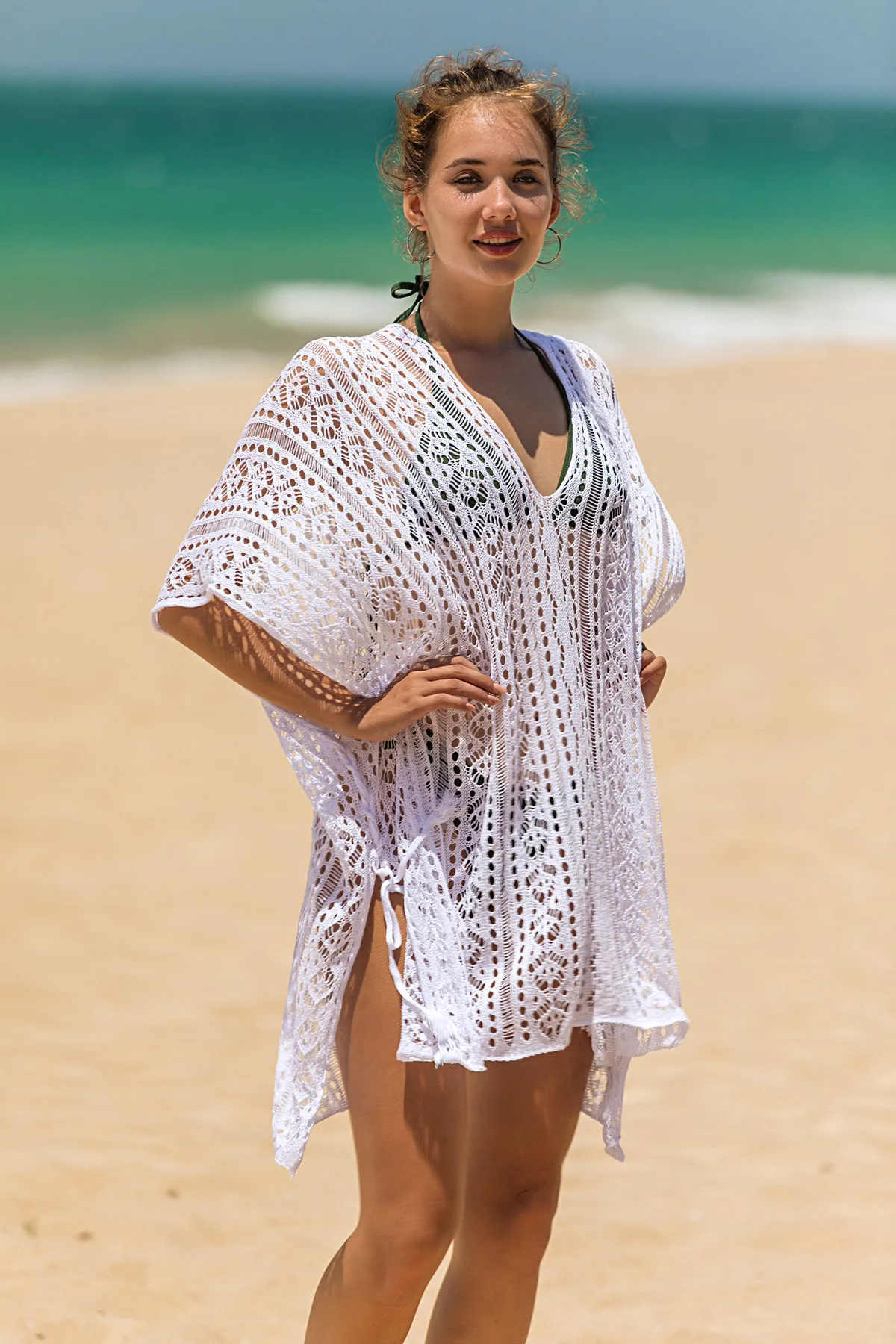 เซ็กซี่ด้านข้างแยก Hollow Out ชุดชายหาดสําหรับผู้หญิงบิกินี่ Cover - up V คอ Batwing Sleeve หลวมฟรีขนาดครีมกันแดดชุดว่ายน้ํา Coat