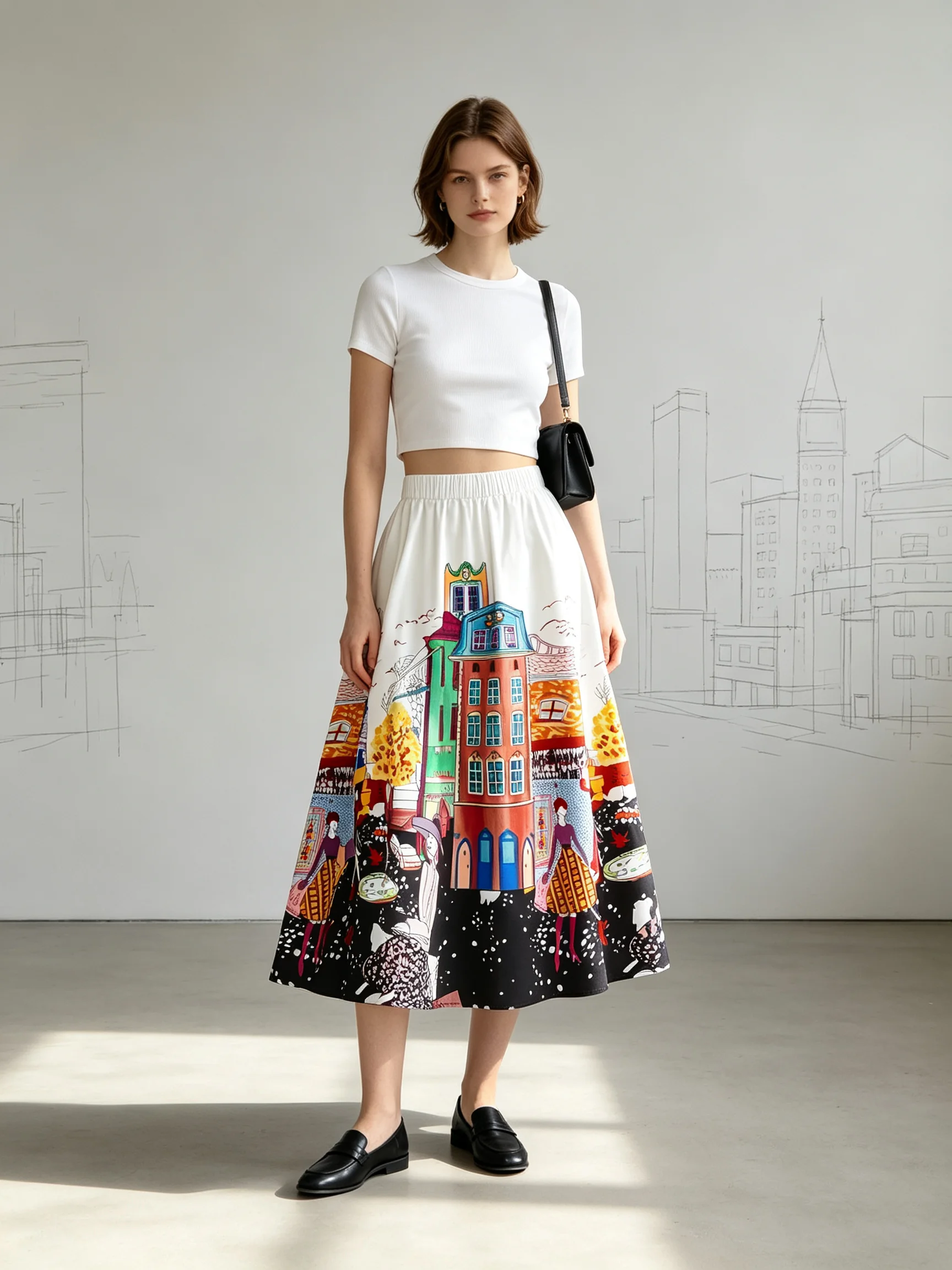 Women's A‑Line Midi Skirt, Colorful City Building Cartoon Print Elastic Waist Flowy Long Skirt Casual Bohemian Maxi Skirts