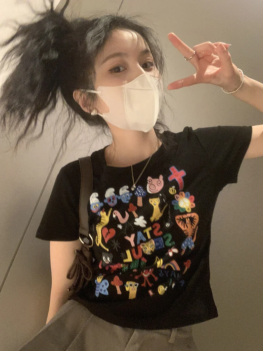 

2023 Summer Sweet Cool Short Sleeve T-shirt Women's Fashion Print High Waist Fit White Black Quality Top