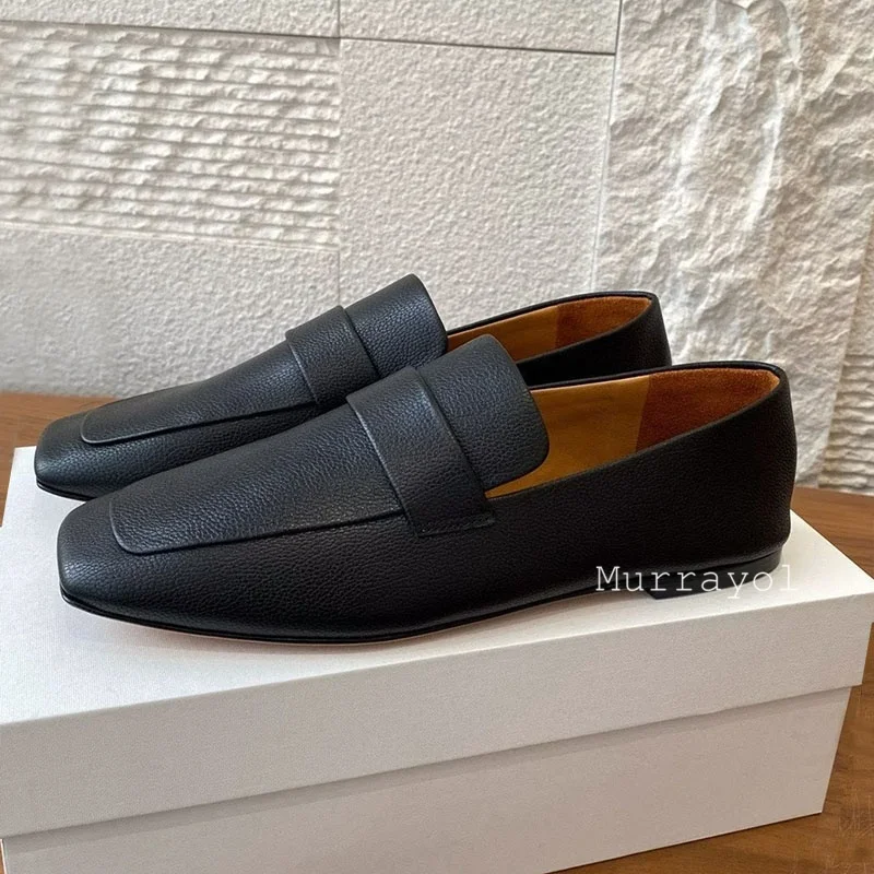 

Single Shoes Women Genuine Leather Solid Color Office Shoes Square Toe Shallow Mouth Loafer Spring Autumn Retro Flat Shoes