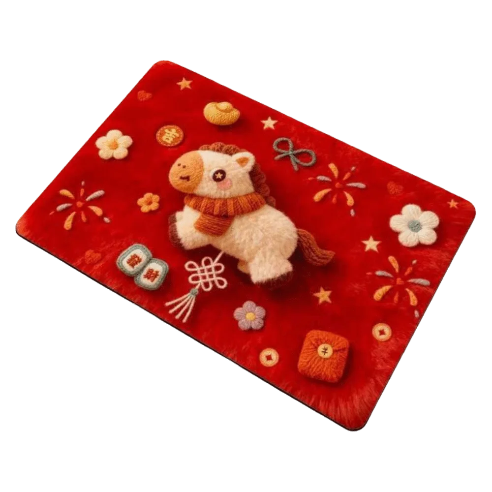 

Cute Horse Pattern New Year Door Mat Red Non-slip Door Carpet Water Absorption Soft Bath Mat Home Decorations