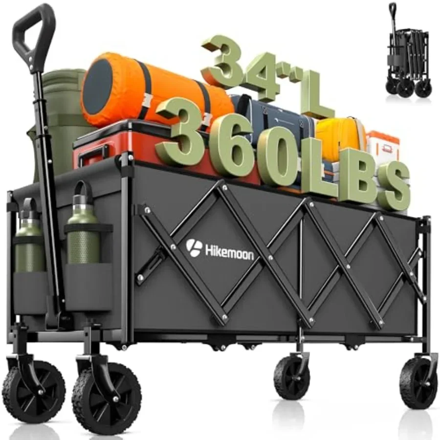 

34'' Extra Long Collapsible Wagons Carts Foldable 360LBS Heavy Duty Folding Beach Wagon with Wheels Portable Utility Outdoor Ca