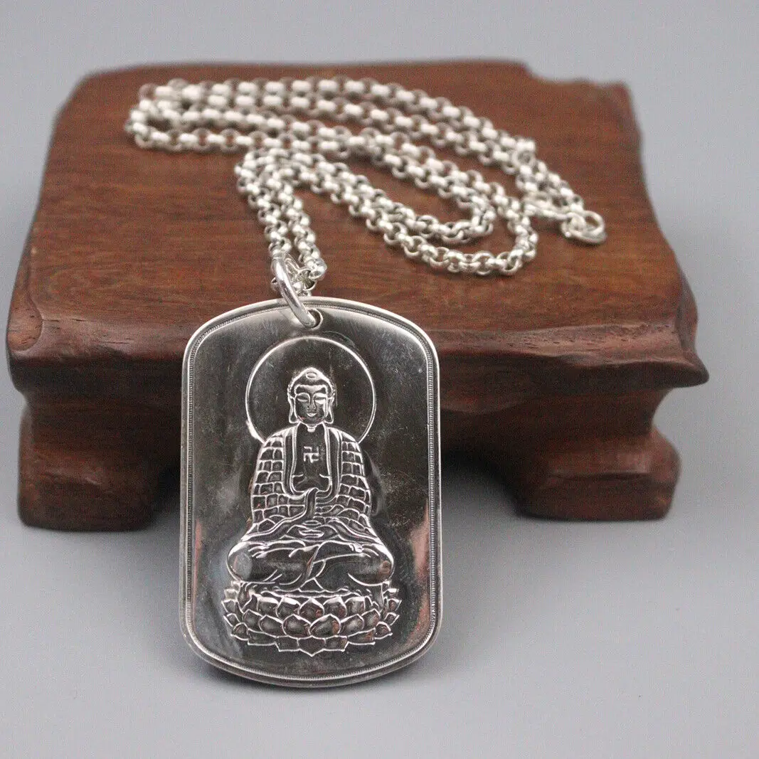 

Solid 999 Fine Silver Blessing Buddha Pendant +925 Silver Rolo Link Chain 20" L