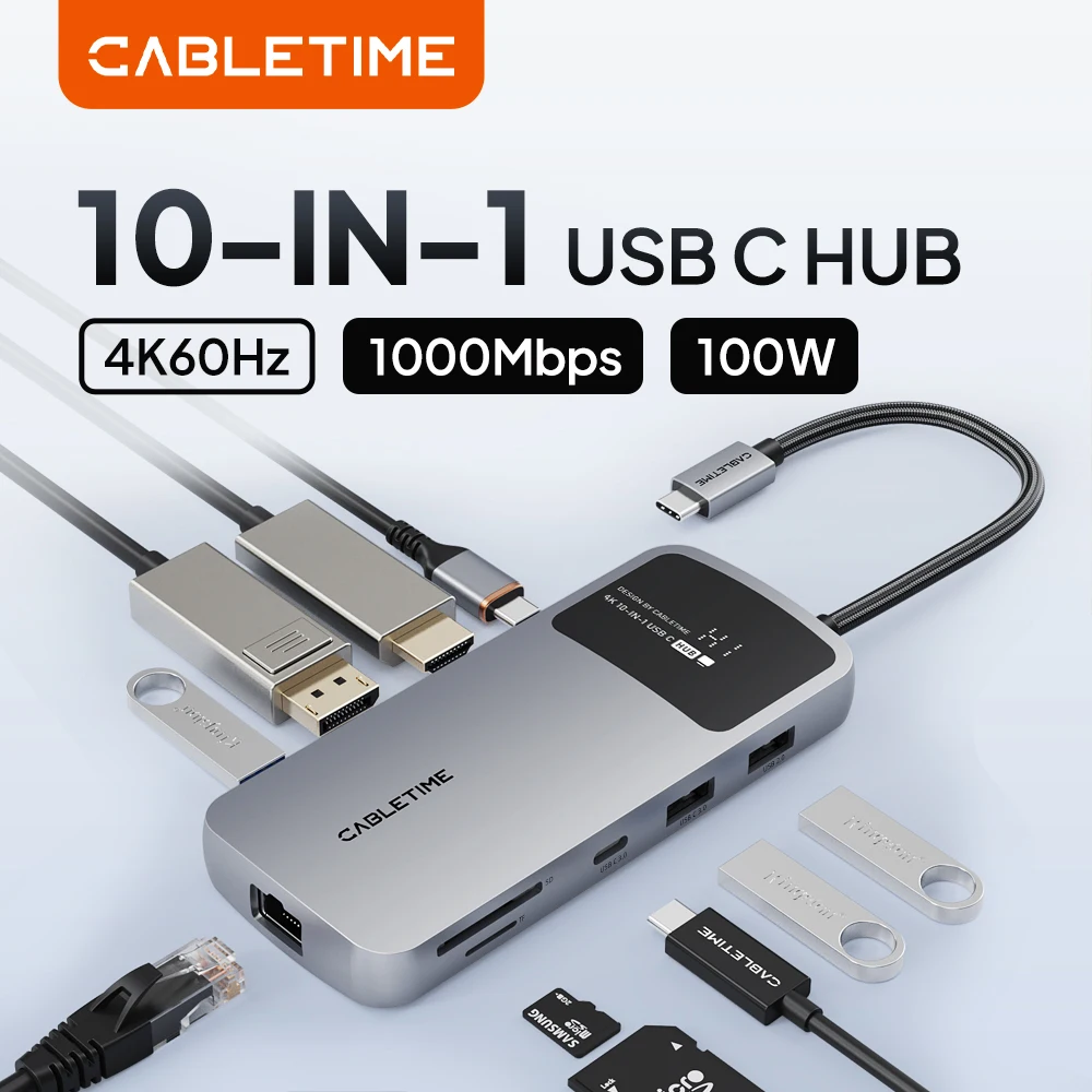 CABLETIME Type C Hub 10-in-1 USB C HUB 8K 4K HDMI 10Gbps LAN 1000Mbps RJ45 PD100W SD&TF for MacBook ASUS Windows MST USB HUB