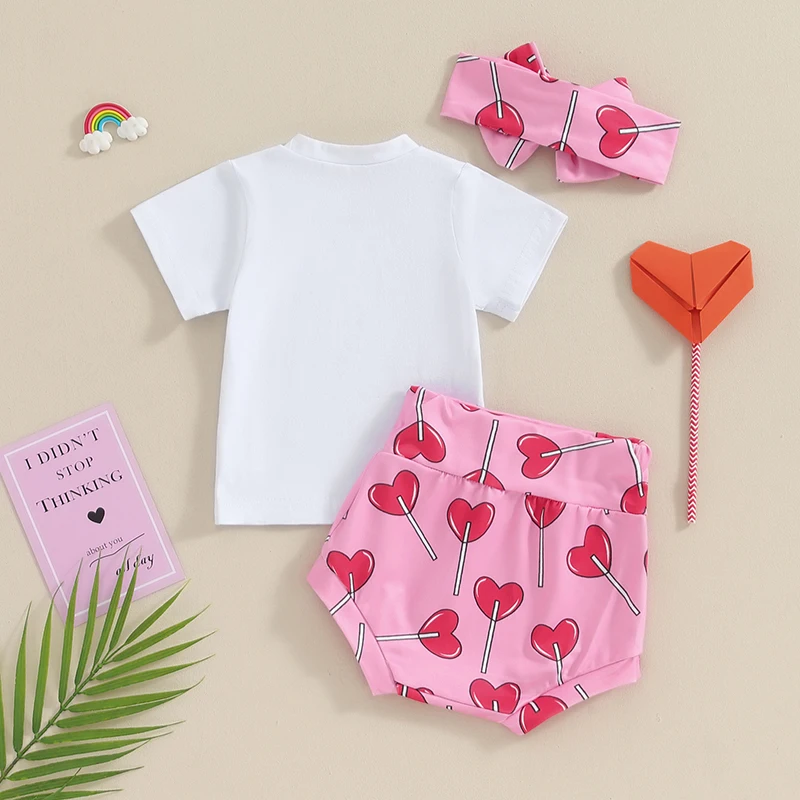 

Baby Girls 3Pcs Easter Outfits Short Sleeve Romper Tops with Ruffles Shorts Headband Infant Summer Clothes