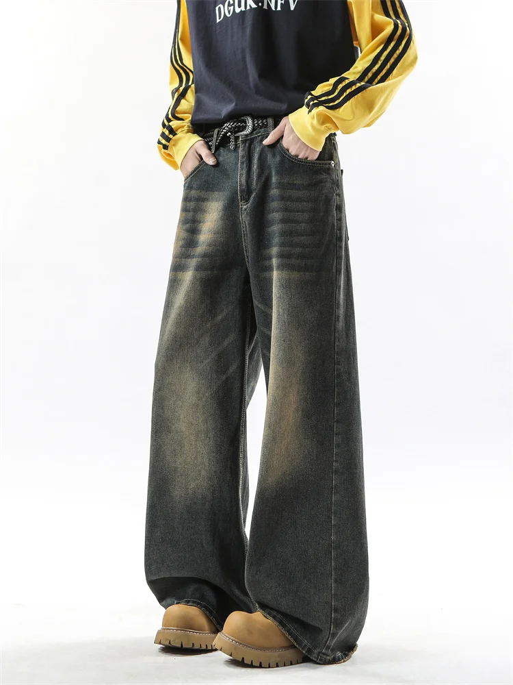 

American Retro Blue Jeans Men's Trendy Loose Handsome Teenagers Slim Wide Leg Floor Length Vibe Pants Casual Long Trousers