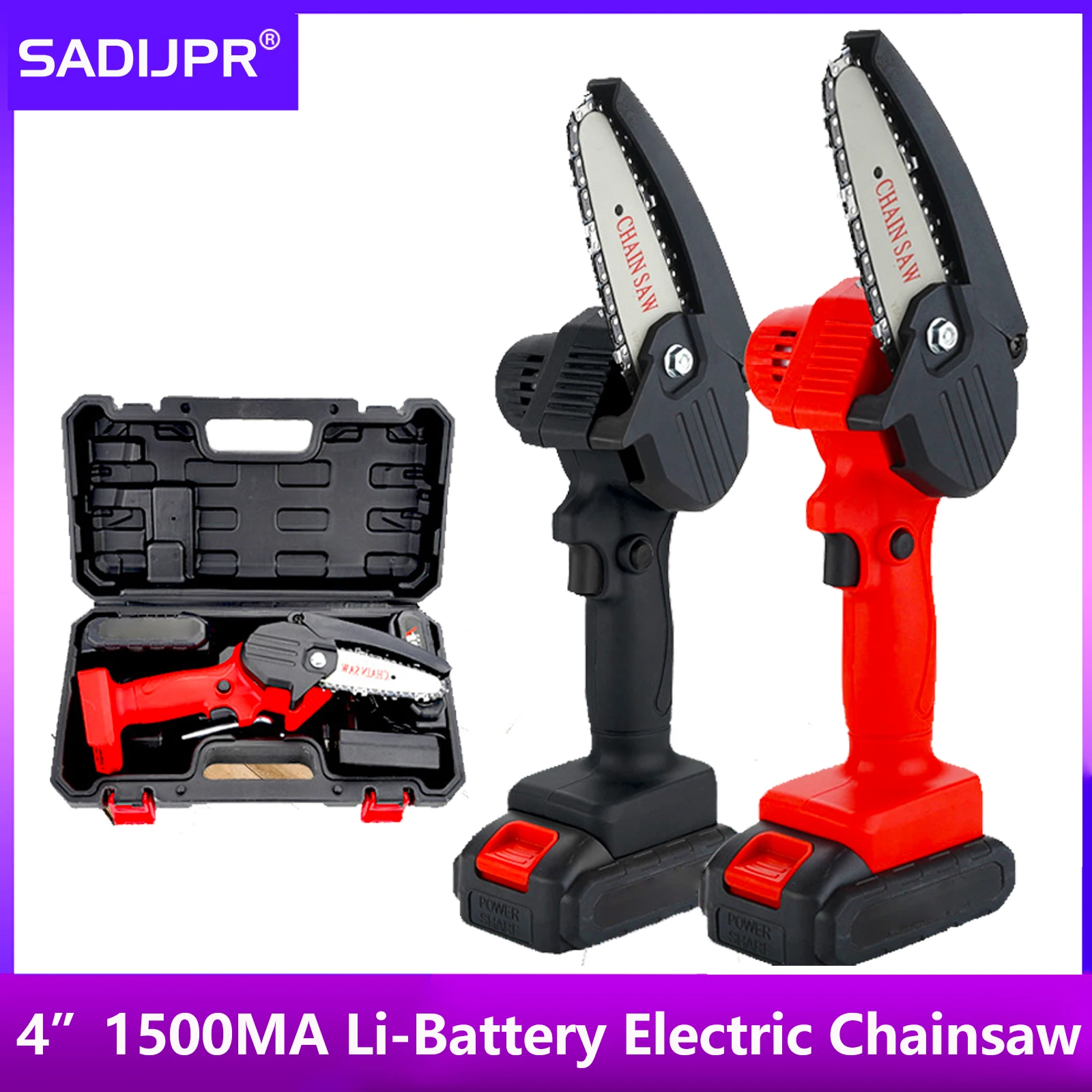 SADIJPR Lithium Electric Chain Saw 4 inch Electric Mini Saw Home Use Rechargeable Power Pruning Saw One-handed Lithium Chainsaw