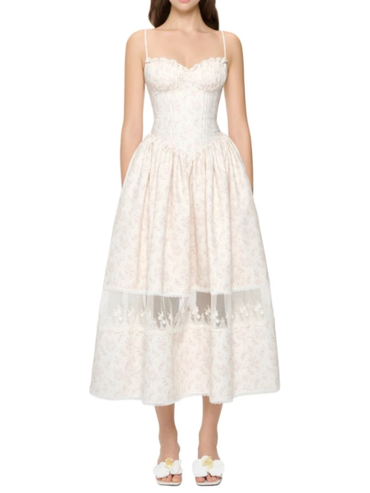 

Sexy Spaghetti Straps Floral Lace Patchwok Long Dress Women Sleeveless V Neck Ruffles Printed A-line Dresses Holiday Party Gowns