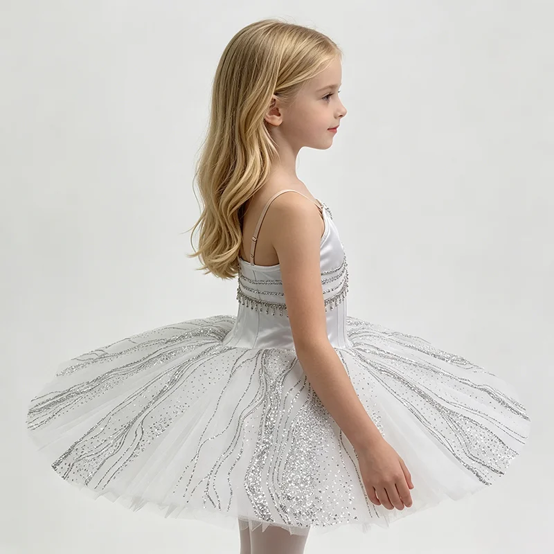 Womens Thin Strap Sweetheart Neck Ballet Tutu Performance Dress Silver Rhinestone Multi-layer Tassel Radial Glitter Line Pure Wh