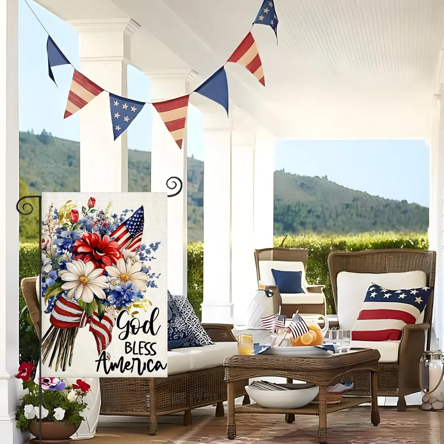 4th of July Garden Flags 12x18 Inch Double Sided, Watercolor Patriotic Flowers GOD BLESS AMERICA Small Summer Decoration for yyi