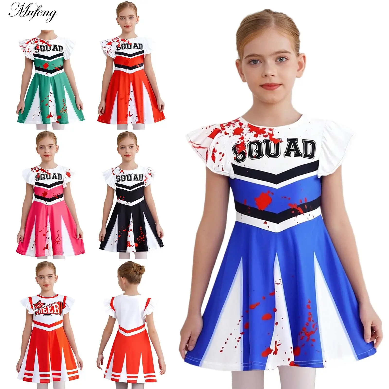 

Детский костюм лидера поддержки для девочек, платье трапециевидной формы с кровью, нарядное платье на Хэллоуин, нарядное платье для черлидинга, ужасов, тематические вечеринки, страшный наряд зомби