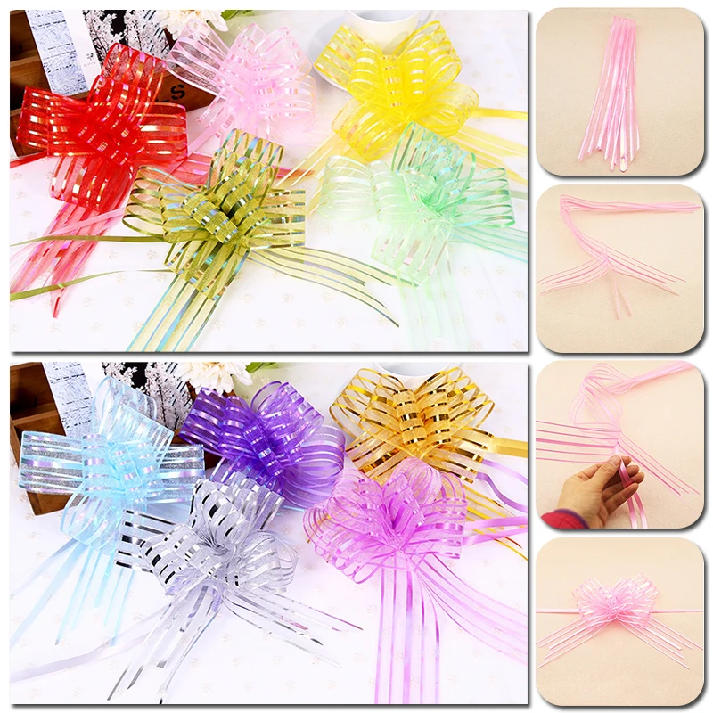 10Pcs Glitter Pull Bow Ribbon Flower Bowknot Garlands Wedding Wrist Flower Knot Gift Favors Box Wrapping Ribbons Decoration