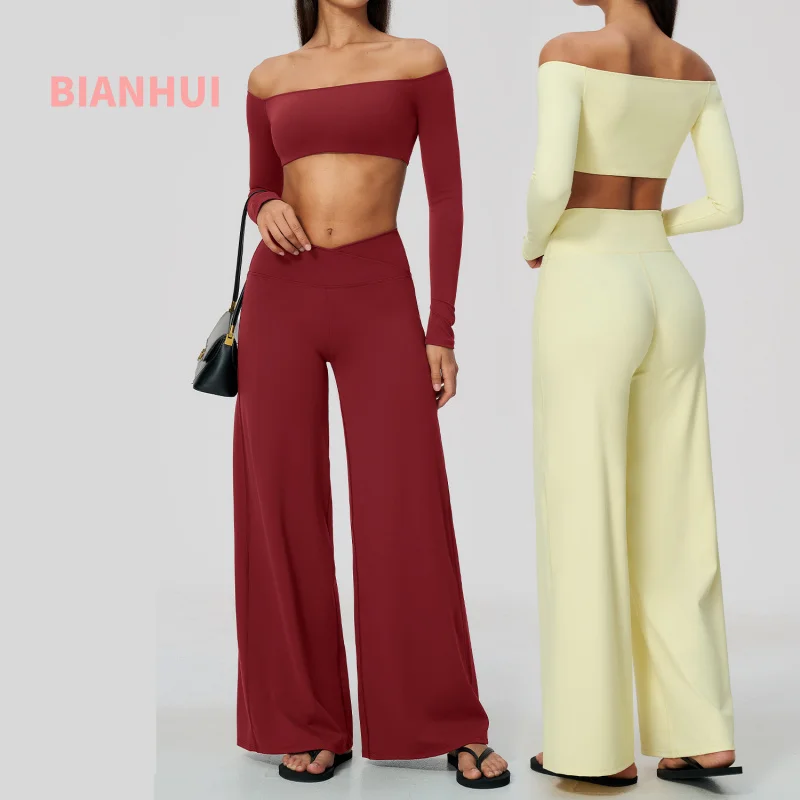 Women Off Shoulder 2 Piece Sports Yoga Set Long Sleeve Crop Top Built‑In Bra Waist Wide Leg Pants Quick Dry Pilates Gym Training